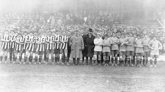 Dick Kerr Ladies and St Helens Ladies at Goodison Park in Liverpool on Boxing Day 1921