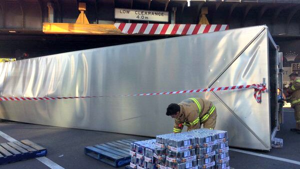 A truck crash on the corner of Flinders Street and Spencer Street, Melbourne
