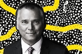A black and white image of Grant, surrounded by digital artwork in black, white and yellow.