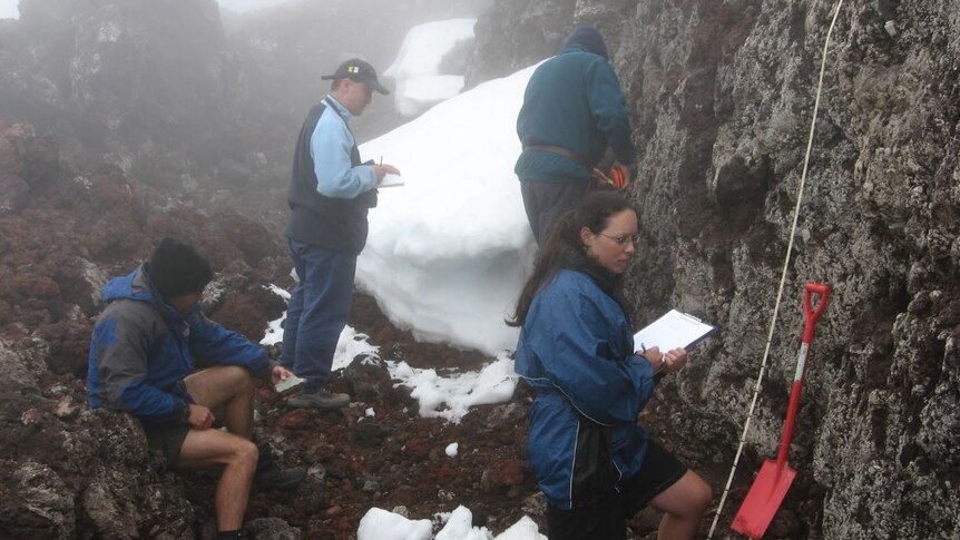 Dr Janine Krippner working at the inner crater of Ngauruhoe volcano.