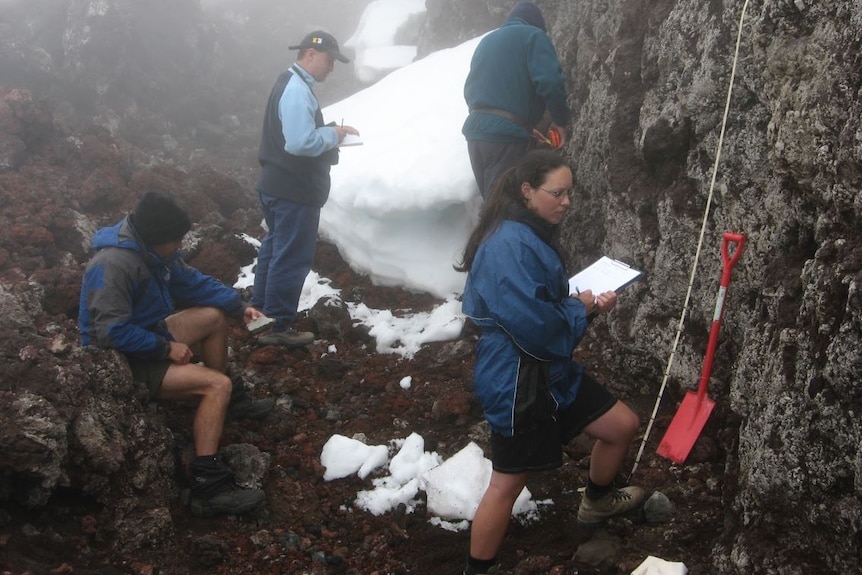 Dr Janine Krippner working at the inner crater of Ngauruhoe volcano.