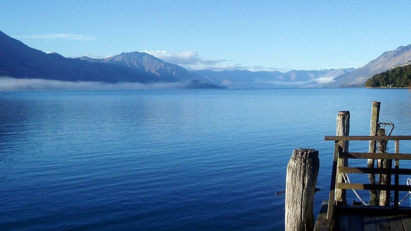 Jetty at Kinloch, near Queenstown, New Zealand, looking out over Lake Wakatipu and The Remarkables