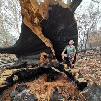 A man stand at the base of hollowed tree blackened by fire.
