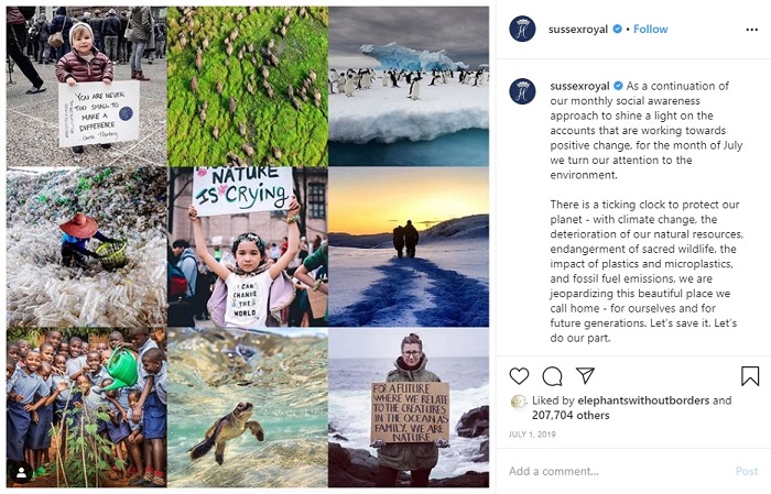 An Instagram post by Sussex Royal raises awareness about the environment.