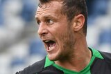 Alessandro Diamanti looks over his shoulder and opens his mouth wearing a green and black striped shirt with a yellow arm band