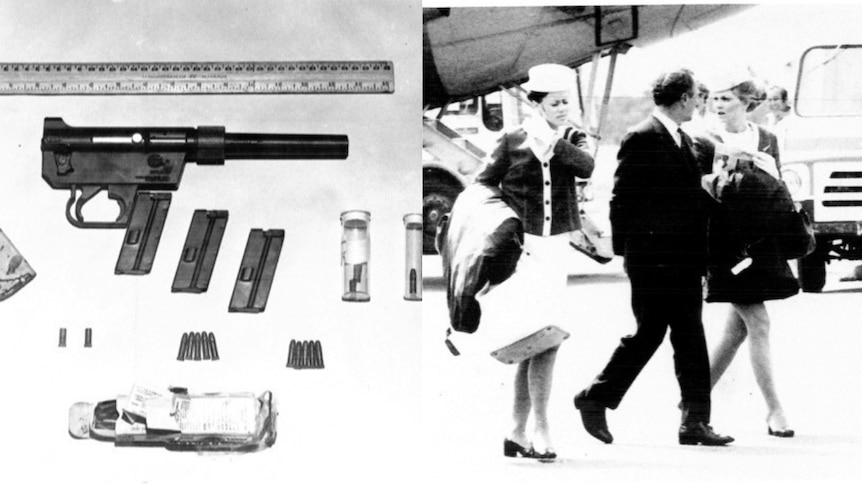 A collage of a sawn-off rifle and air hostesses and a captain walking along a runway