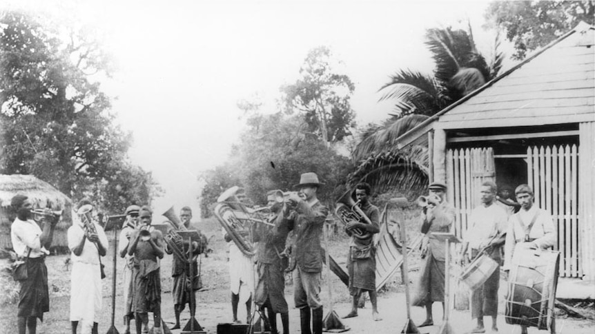 A picture of the original Yarrabah Brass Band. Image is dated to the year 1906.