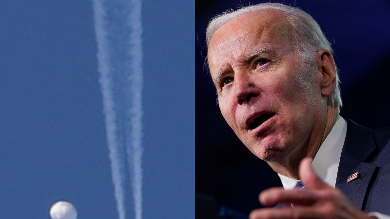 Left is image of balloon, right is close up of Joe Biden's face.