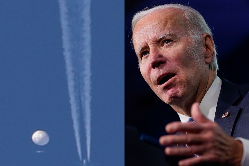 Left is image of balloon, right is close up of Joe Biden's face.
