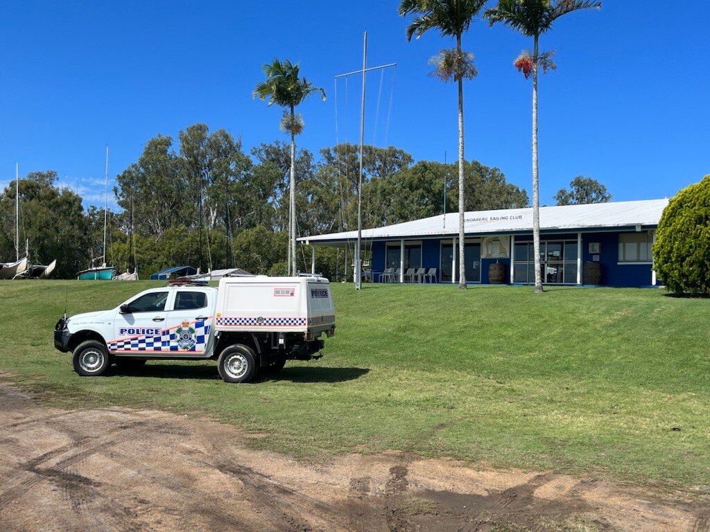 A police car parked on grass in front of palm trees and a building.