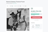 A screenshot shows a fundraising website spruiking $3,750 in donations. It is titled 'Patrick Salway Funeral Fund'