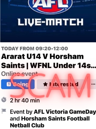 A screenshot of a Facebook event mimicking the match fixture using the AFL logo with the red letters SCAM.