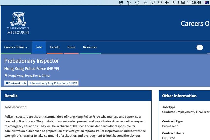 An advertisement for the Hong Kong Police Force appears on the University of Melbourne website on July 3, 2020.