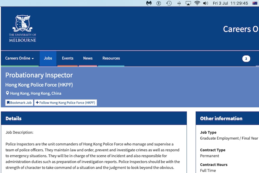 An advertisement for the Hong Kong Police Force appears on the University of Melbourne website on July 3, 2020.