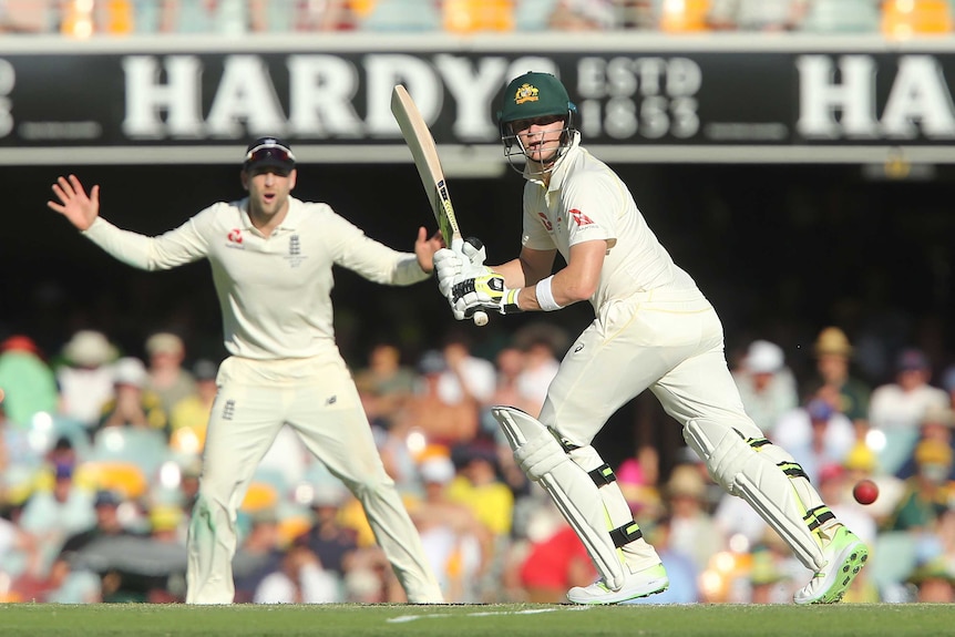 Steve Smith plays a shot for Australia on day two at the Gabba