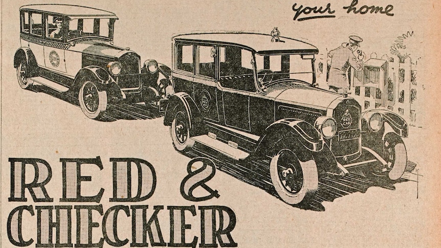 A 1927 newspaper advertisement for Red and Chequer Cabs