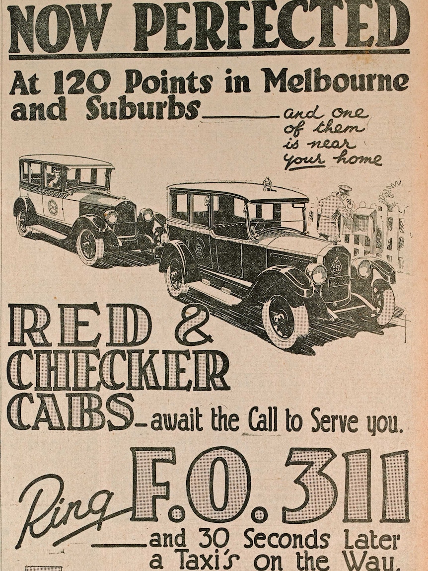 A 1927 newspaper advertisement for Red and Chequer Cabs