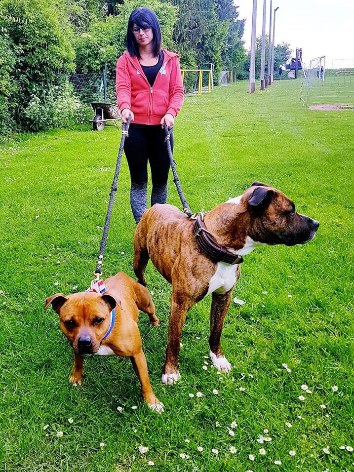 Elisa Pilarski and two dogs on a leash.