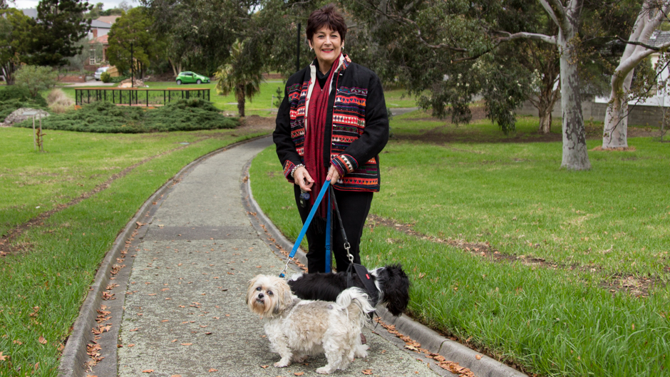 A woman with two dogs in a park.
