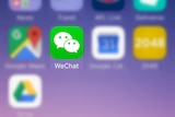 A green icon with two speech bubbles, symbolising social media platform WeChat, is highlighted on a mobile phone screen.