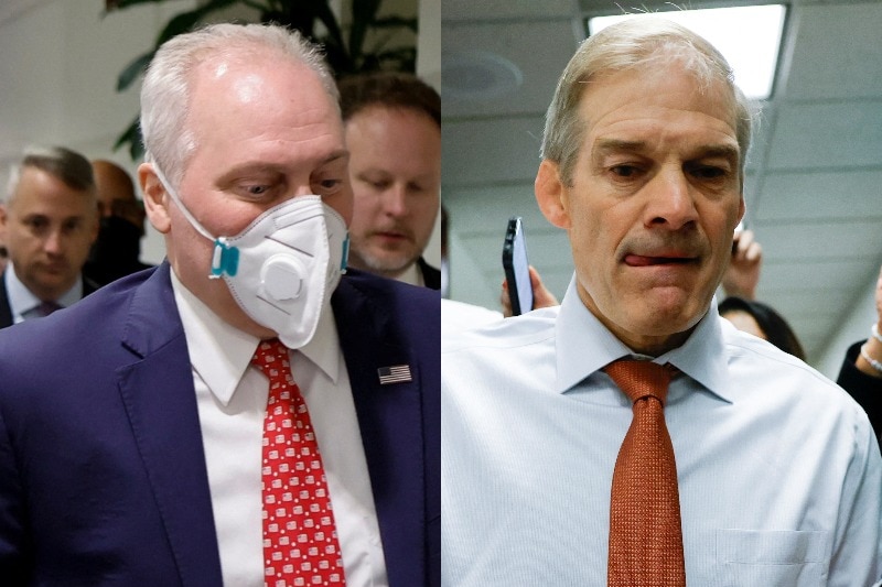 Headshots of Steve Scalise, who is wearing a facemask, and Jim Jordan