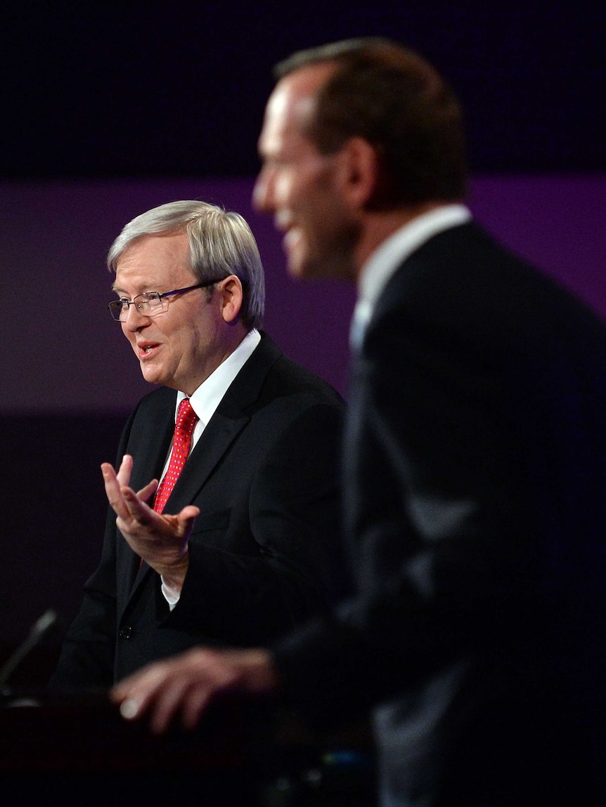 Kevin Rudd and Tony Abbott during leaders' debate