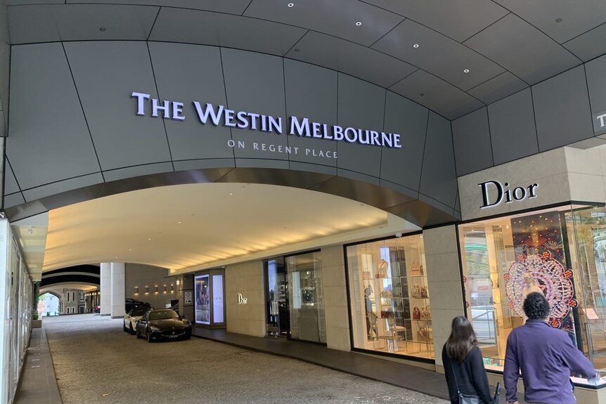 The sign at the front of the Westin Hotel in Melbourne's CBD.