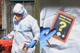 A forensic investigator wears a white disposable suit and carries a book called "know your chemicals"