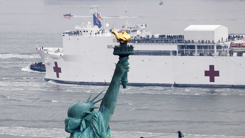 A ship with a red medical cross is in the background, the Statue of Liberty is in the foreground