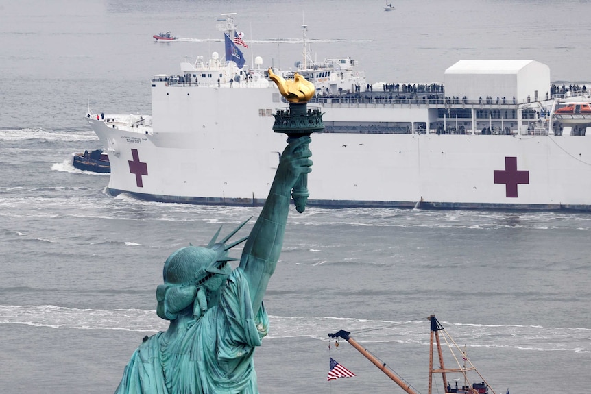 A ship with a red medical cross is in the background, the Statue of Liberty is in the foreground