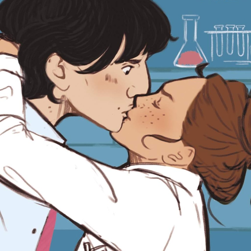 Cover of a novel with cartoon of a man and a woman kissing in lab coats with lab bench behind them