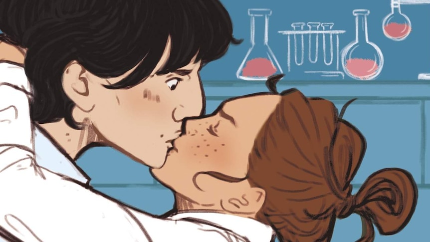 Cover of a novel with cartoon of a man and a woman kissing in lab coats with lab bench behind them