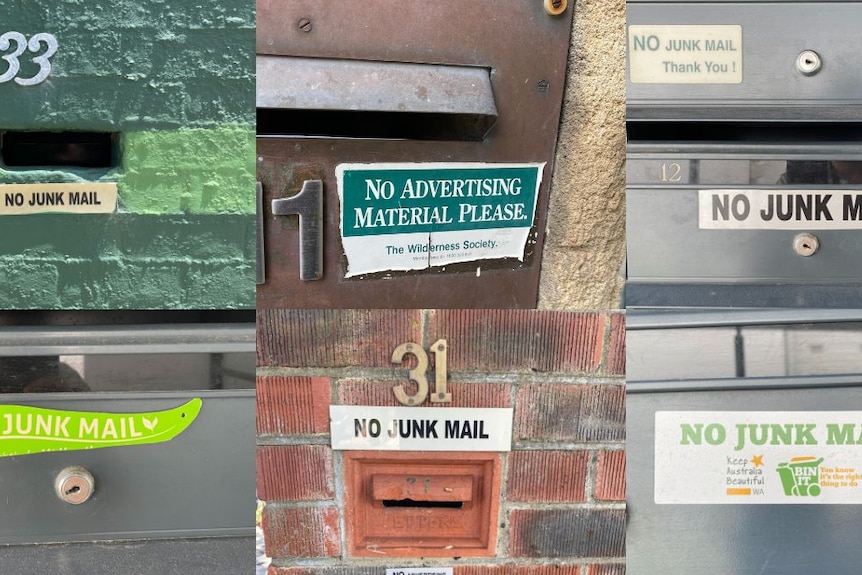  A composite image of six letterboxes all with 'no junk mail' signs on them.