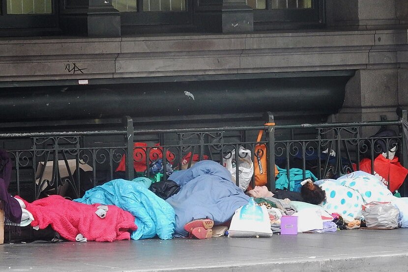 Rough sleepers on Flinders Street, in the city.