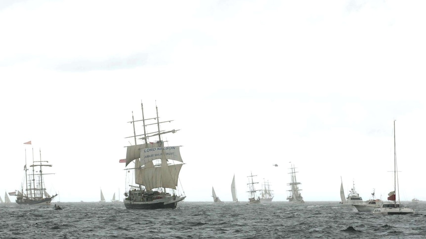 The tall ship, Lord Nelson, approaches Sydney Heads.