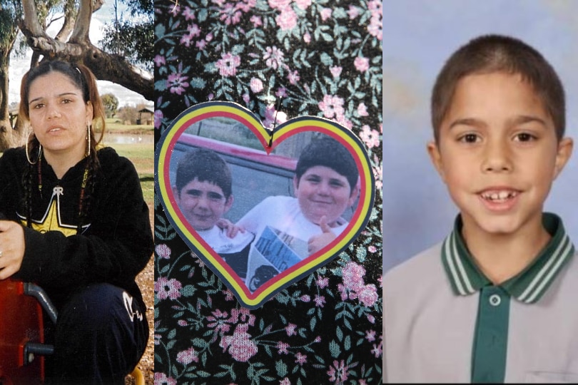 A composite image of a woman in a black hoodie, a loveheart-shaped pin of two boys, and a third boy in school uniform