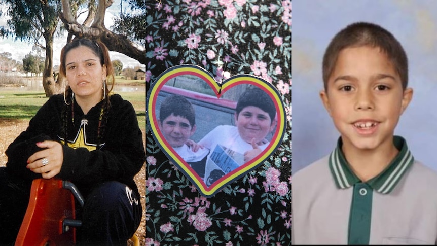 A composite image of a woman in a black hoodie, a loveheart-shaped pin of two boys, and a third boy in school uniform