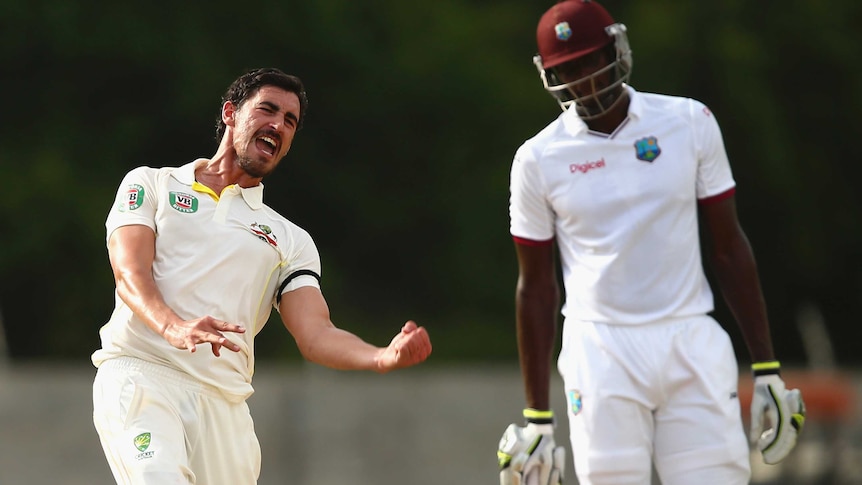 Australia's Mitchell Starc dismisses West Indies' Devendra Bishoo on day three of the first Test in Dominica.