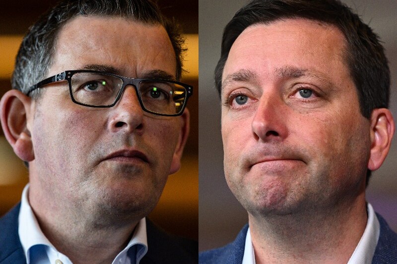 A composite image of Daniel Andrews and Matthew Guy, both looking concerned.