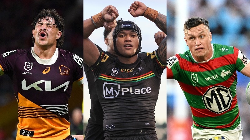 A composite image of NRL players, Kotoni Staggs in pain, Brian To'o celebrating and Jack Wighton running