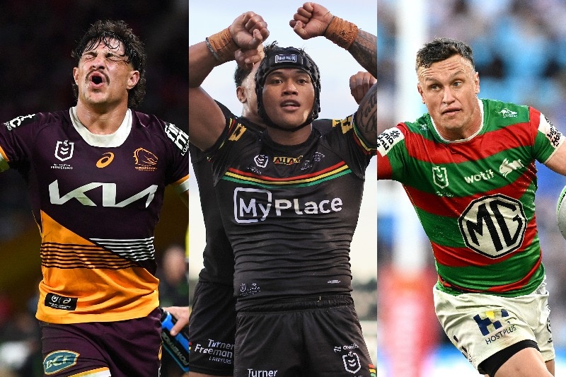 A composite image of NRL players, Kotoni Staggs in pain, Brian To'o celebrating and Jack Wighton running