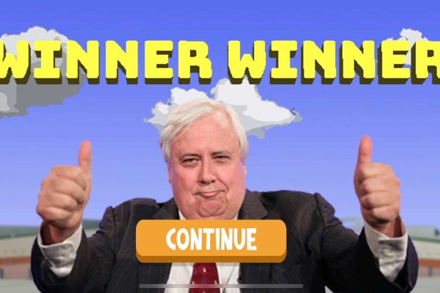 Screenshot of mobile app with Clive Palmer, wearing suit jacket, giving two thumbs up signal with Winner Winner written above