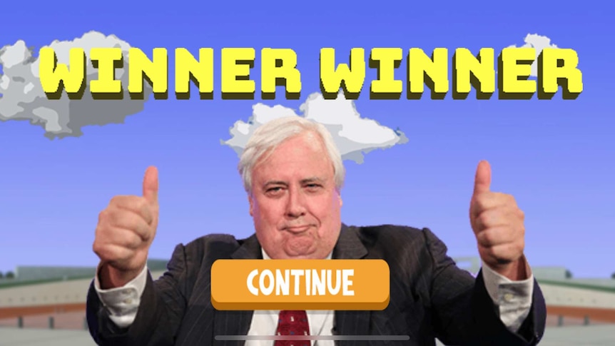 Screenshot of mobile app with Clive Palmer, wearing suit jacket, giving two thumbs up signal with Winner Winner written above