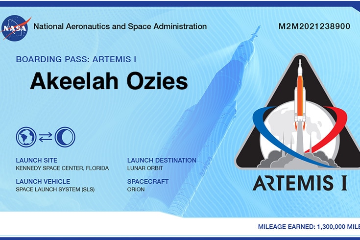 A boarding pass for Akeelah Ozies on Artemis I