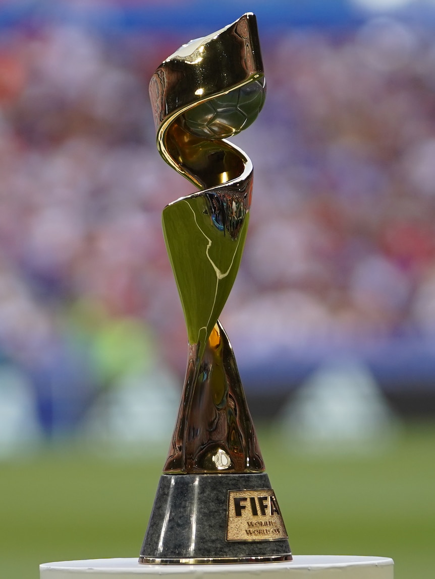 A sports trophy sits on a pedestal 