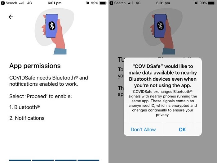 An iPhone screenshot of the COVIDSafe app requesting bluetooth permissions.