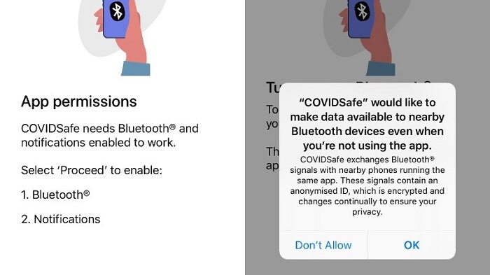 An iPhone screenshot of the COVIDSafe app requesting bluetooth permissions.