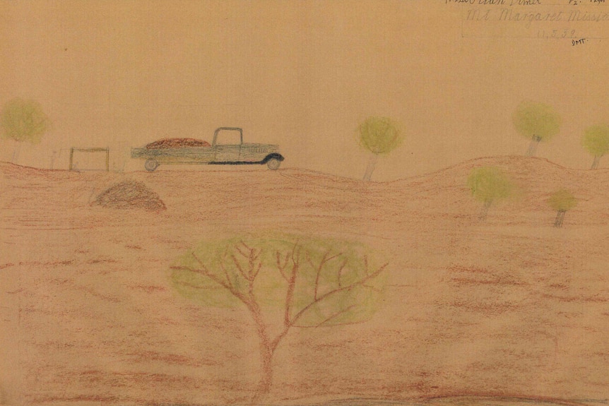 A crayon drawing of a truck on a hill with trees 