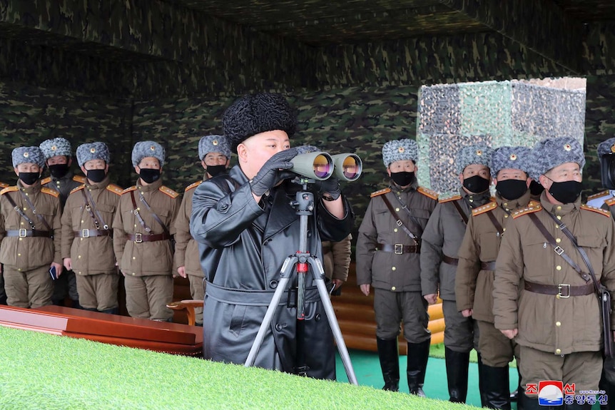 North Korean leader Kim Jong-un, centre, inspects the military drill of units of the Korean People's Army.