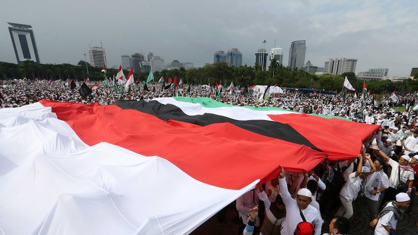 A crowd of people holding large Indonesian and Palestinian flags above their heads.